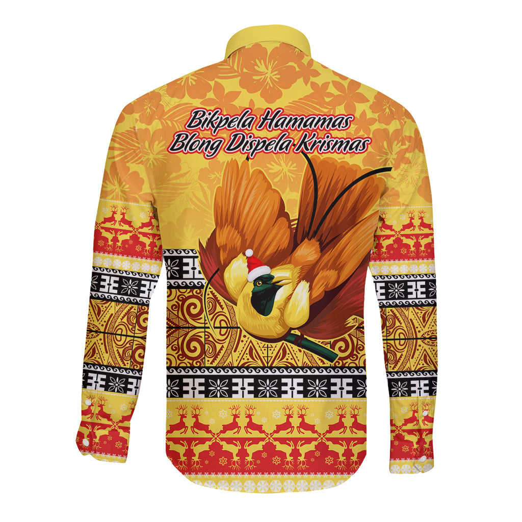 PNG Hamamas Krismas Long Sleeve Button Shirt Papua New Guinea Bird Of Paradise Merry Christmas Gold Style - Wonder Print Shop