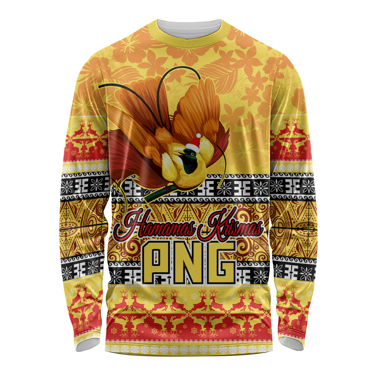 PNG Hamamas Krismas Long Sleeve Shirt Papua New Guinea Bird Of Paradise Merry Christmas Gold Style - Wonder Print Shop