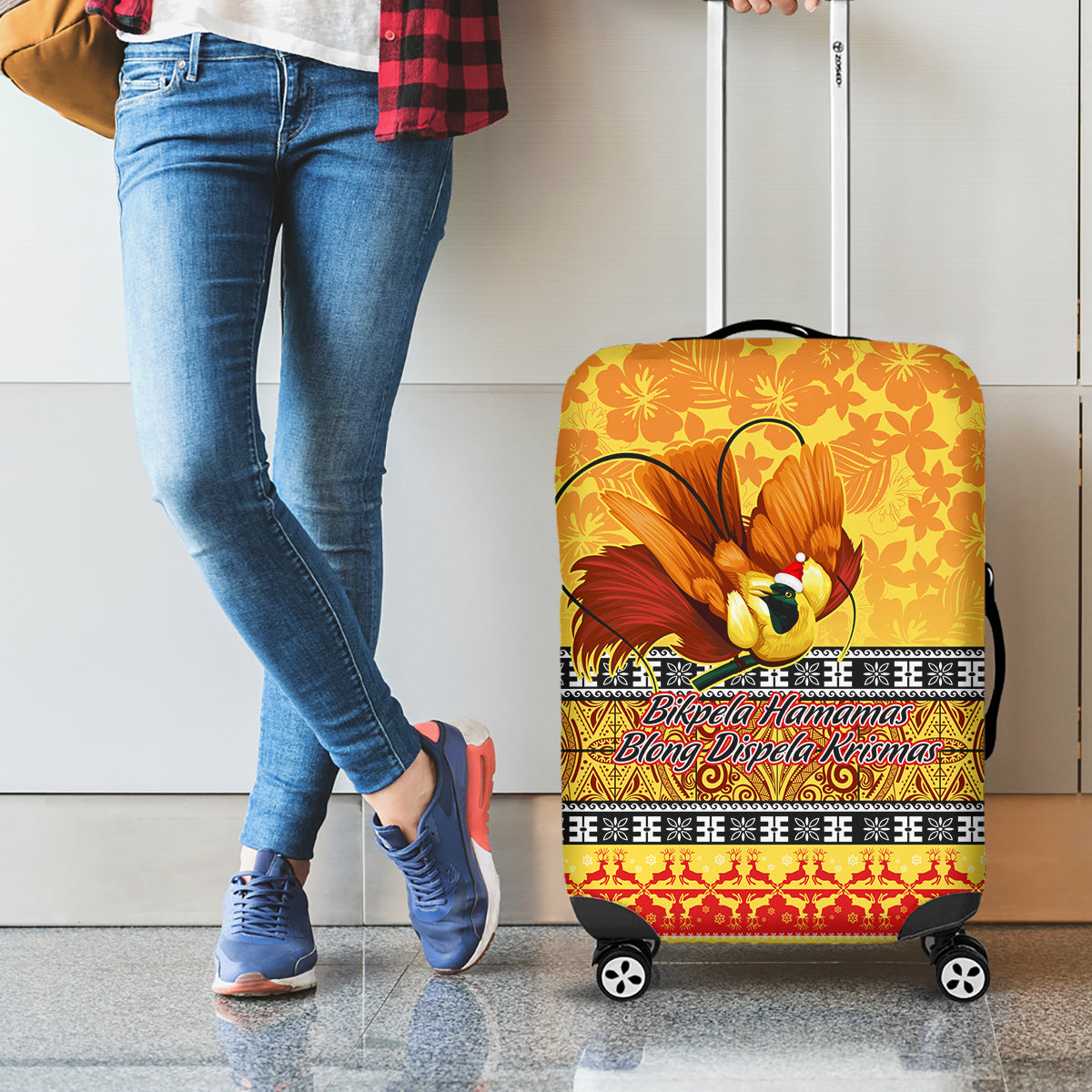 PNG Hamamas Krismas Luggage Cover Papua New Guinea Bird Of Paradise Merry Christmas Gold Style - Wonder Print Shop