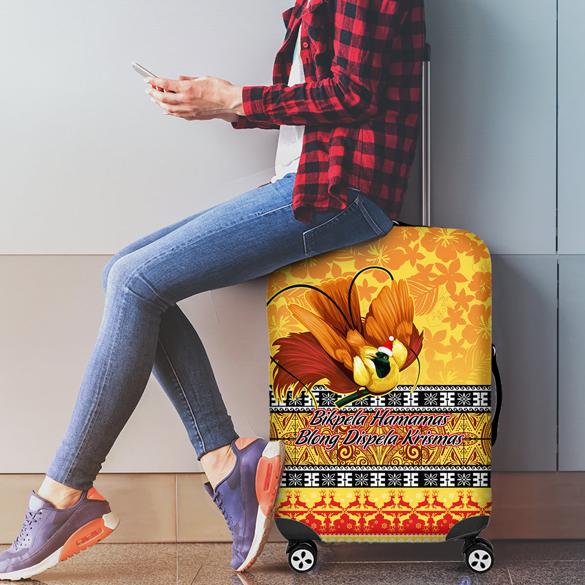 PNG Hamamas Krismas Luggage Cover Papua New Guinea Bird Of Paradise Merry Christmas Gold Style - Wonder Print Shop