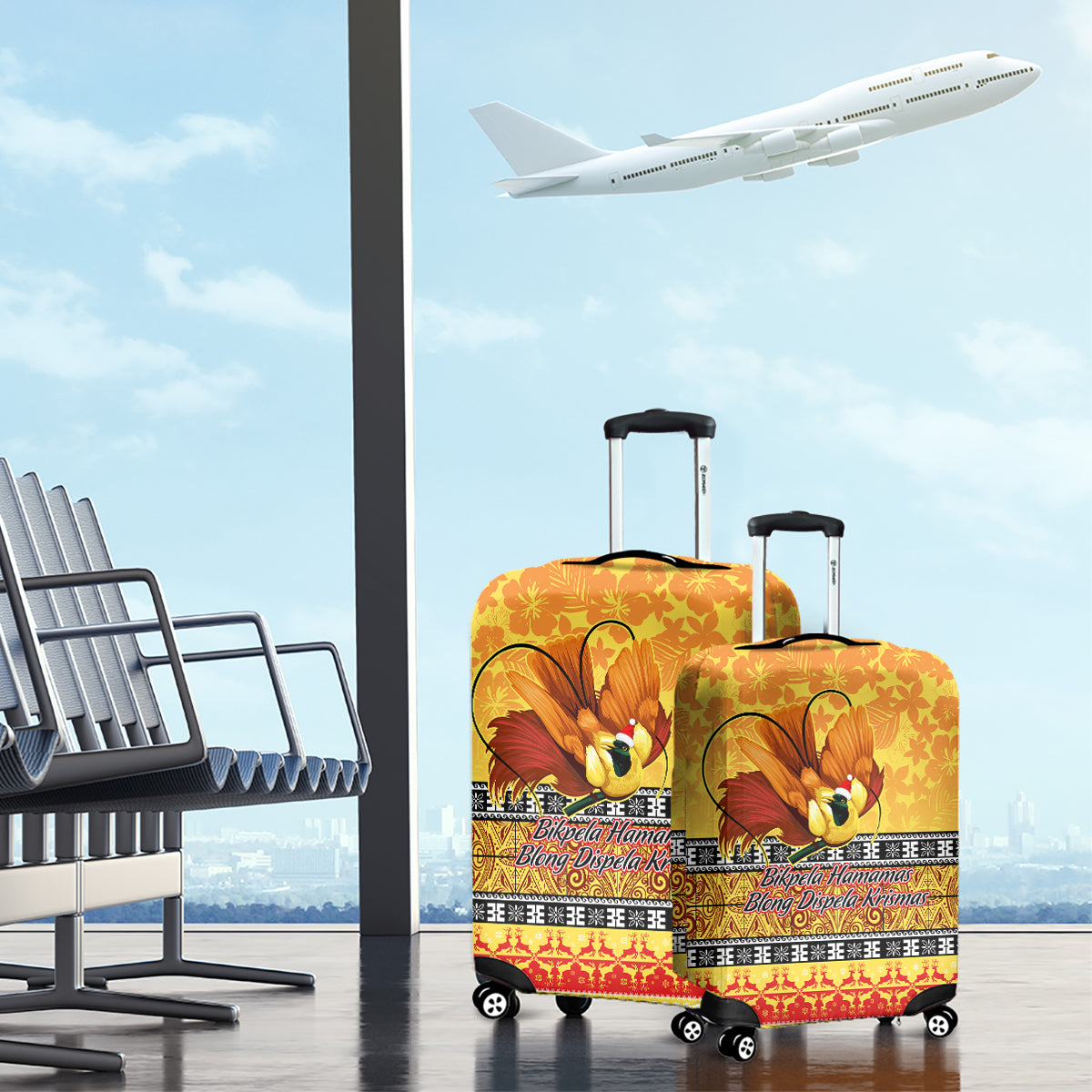 PNG Hamamas Krismas Luggage Cover Papua New Guinea Bird Of Paradise Merry Christmas Gold Style - Wonder Print Shop