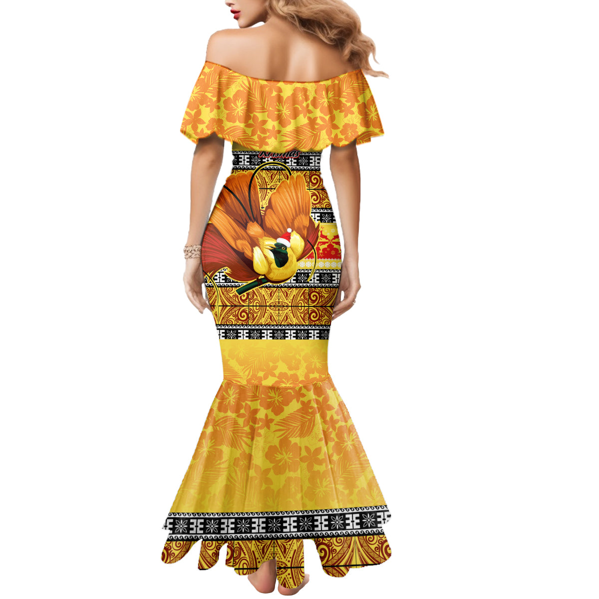 PNG Hamamas Krismas Mermaid Dress Papua New Guinea Bird Of Paradise Merry Christmas Gold Style - Wonder Print Shop