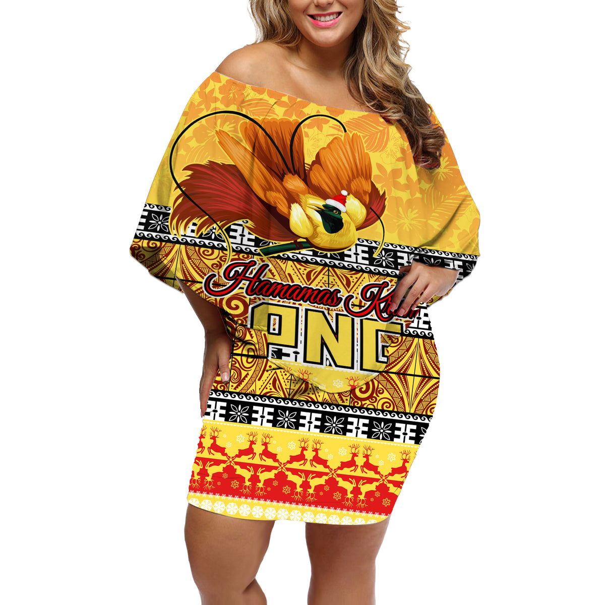 PNG Hamamas Krismas Off Shoulder Short Dress Papua New Guinea Bird Of Paradise Merry Christmas Gold Style - Wonder Print Shop