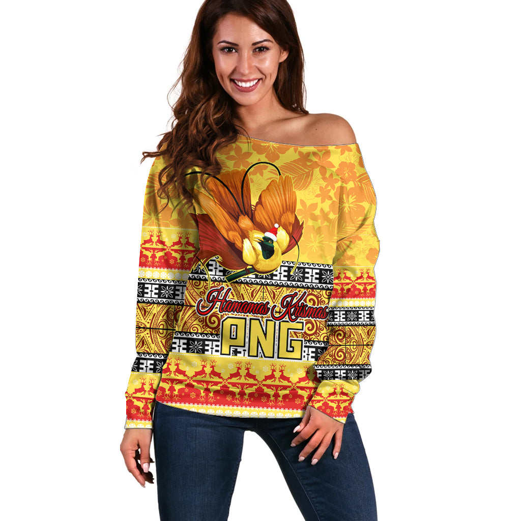 PNG Hamamas Krismas Off Shoulder Sweater Papua New Guinea Bird Of Paradise Merry Christmas Gold Style - Wonder Print Shop