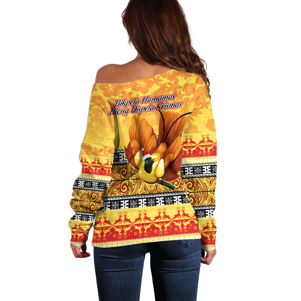 PNG Hamamas Krismas Off Shoulder Sweater Papua New Guinea Bird Of Paradise Merry Christmas Gold Style - Wonder Print Shop