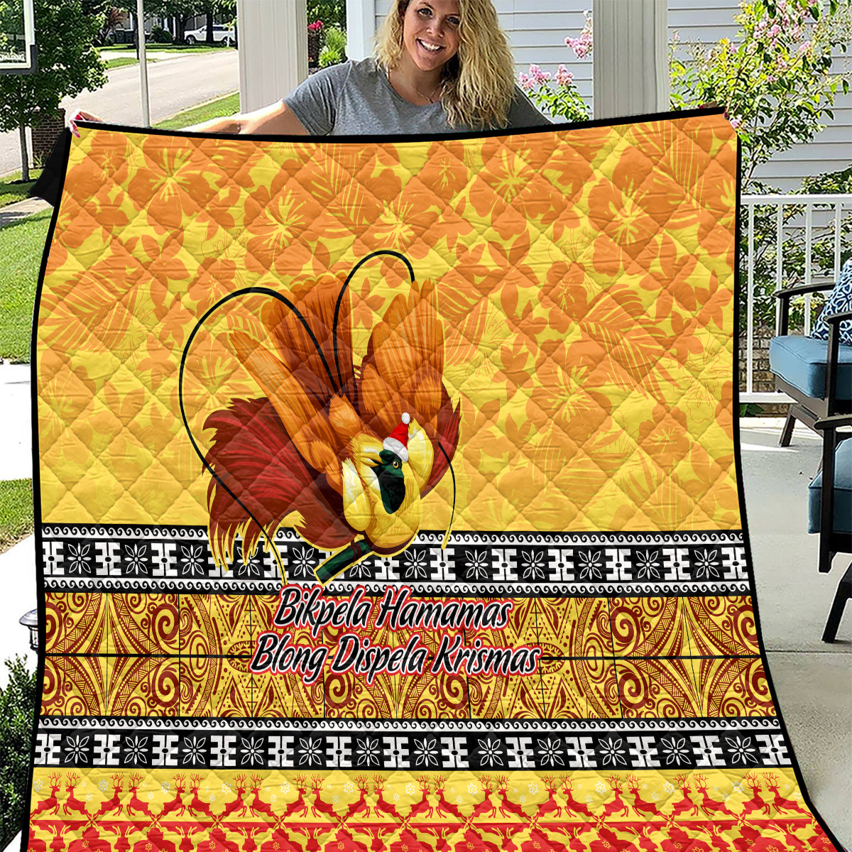 PNG Hamamas Krismas Quilt Papua New Guinea Bird Of Paradise Merry Christmas Gold Style - Wonder Print Shop
