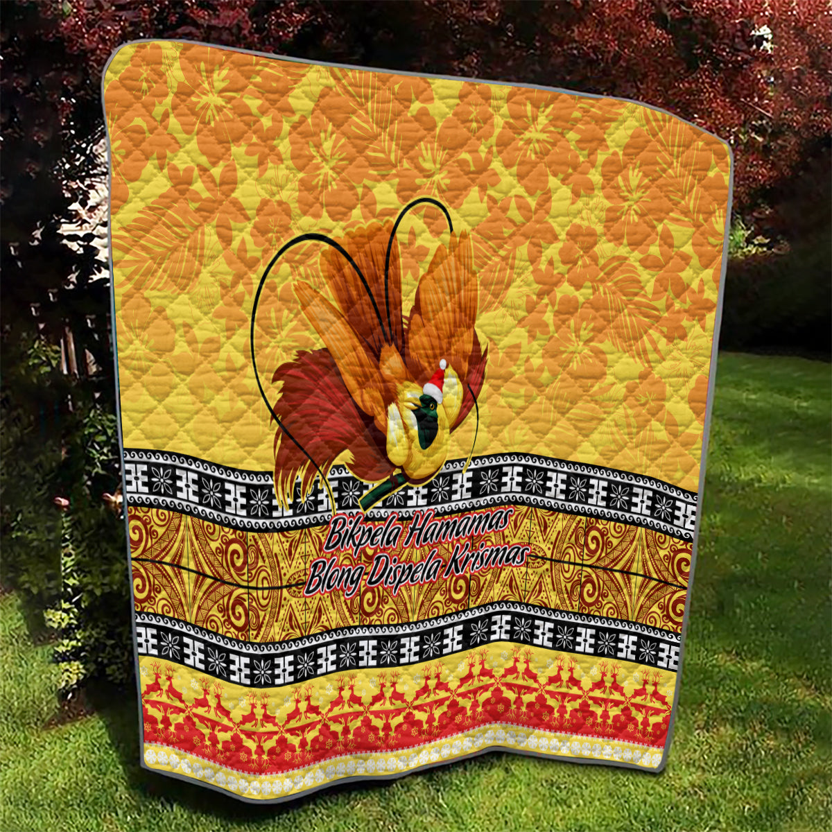 PNG Hamamas Krismas Quilt Papua New Guinea Bird Of Paradise Merry Christmas Gold Style - Wonder Print Shop