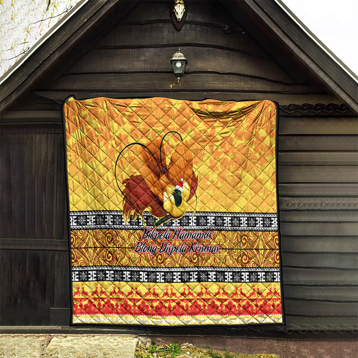 PNG Hamamas Krismas Quilt Papua New Guinea Bird Of Paradise Merry Christmas Gold Style - Wonder Print Shop