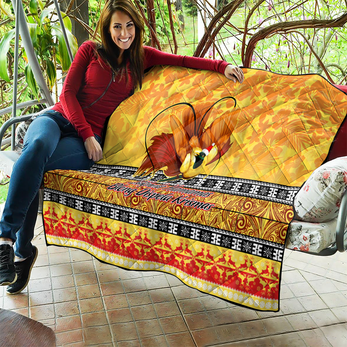 PNG Hamamas Krismas Quilt Papua New Guinea Bird Of Paradise Merry Christmas Gold Style - Wonder Print Shop