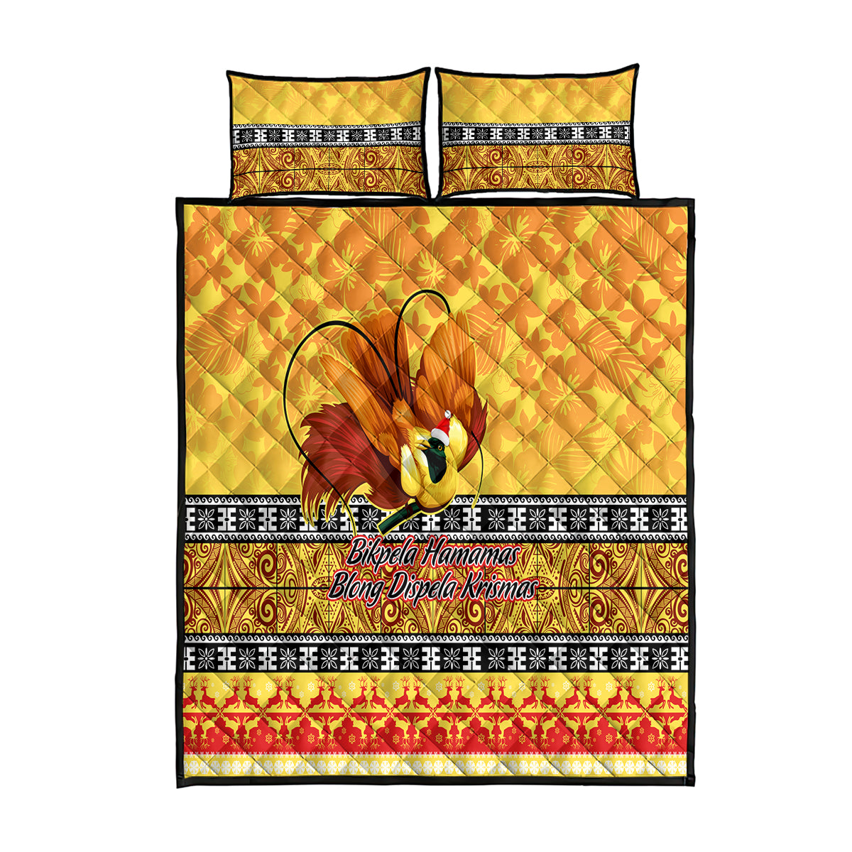 PNG Hamamas Krismas Quilt Bed Set Papua New Guinea Bird Of Paradise Merry Christmas Gold Style - Wonder Print Shop