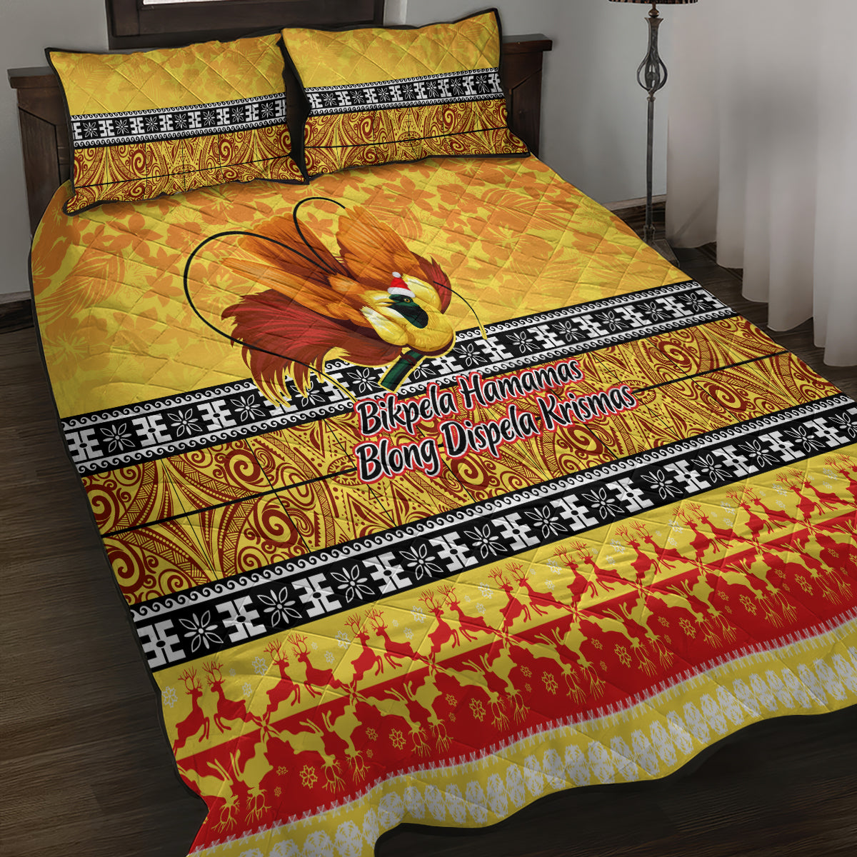 PNG Hamamas Krismas Quilt Bed Set Papua New Guinea Bird Of Paradise Merry Christmas Gold Style - Wonder Print Shop