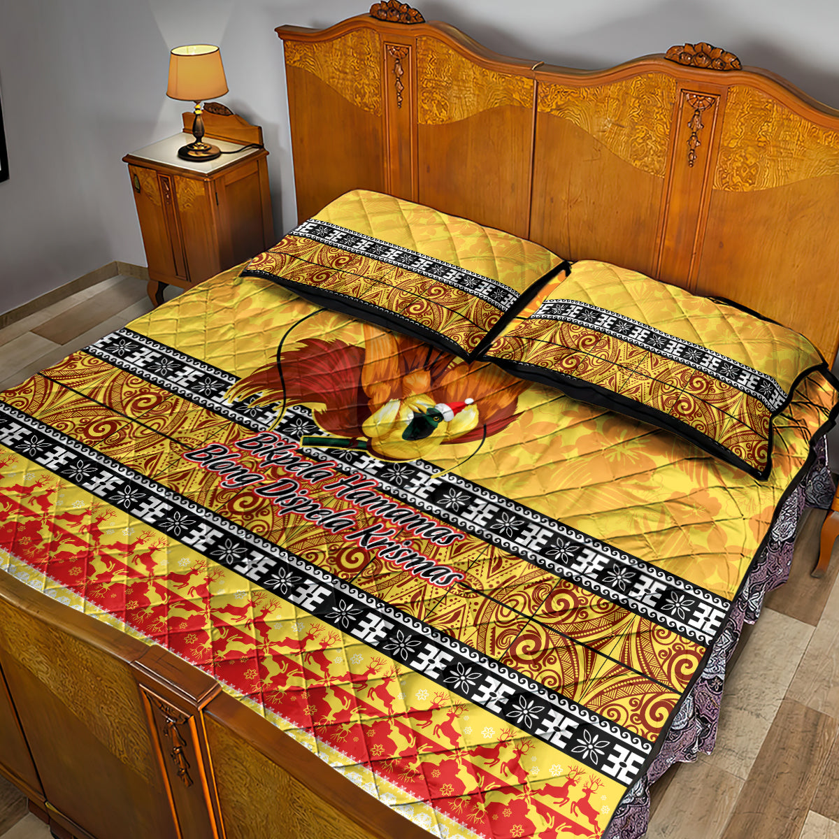 PNG Hamamas Krismas Quilt Bed Set Papua New Guinea Bird Of Paradise Merry Christmas Gold Style - Wonder Print Shop