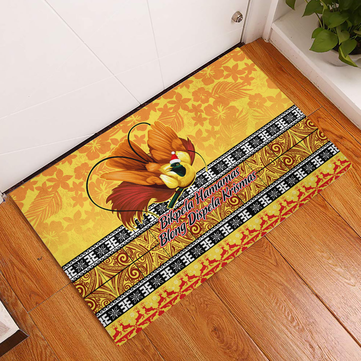 PNG Hamamas Krismas Rubber Doormat Papua New Guinea Bird Of Paradise Merry Christmas Gold Style - Wonder Print Shop