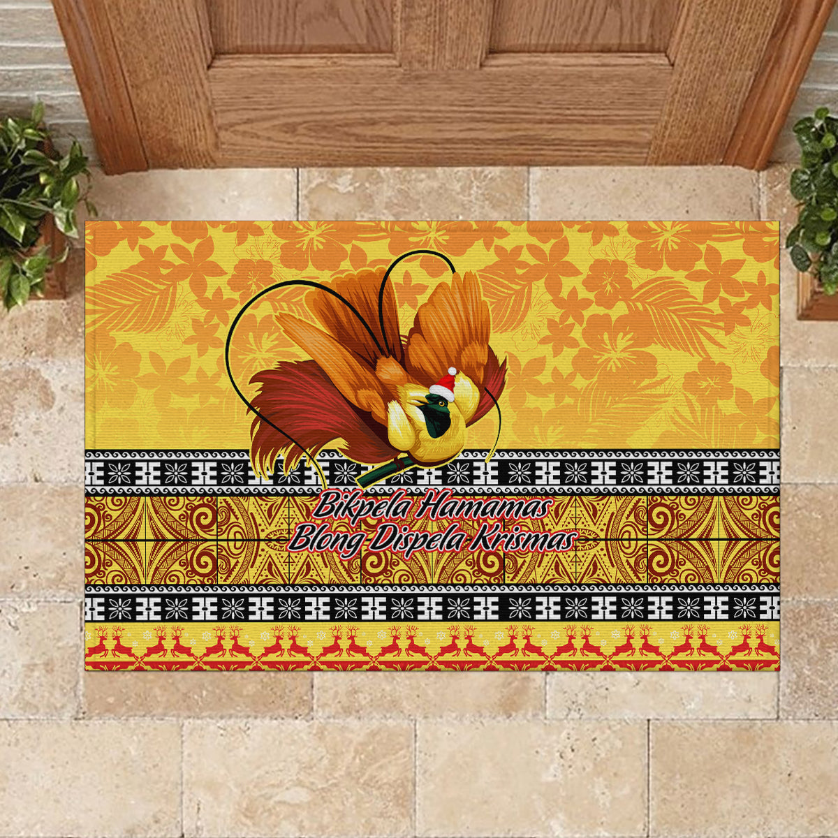 PNG Hamamas Krismas Rubber Doormat Papua New Guinea Bird Of Paradise Merry Christmas Gold Style - Wonder Print Shop