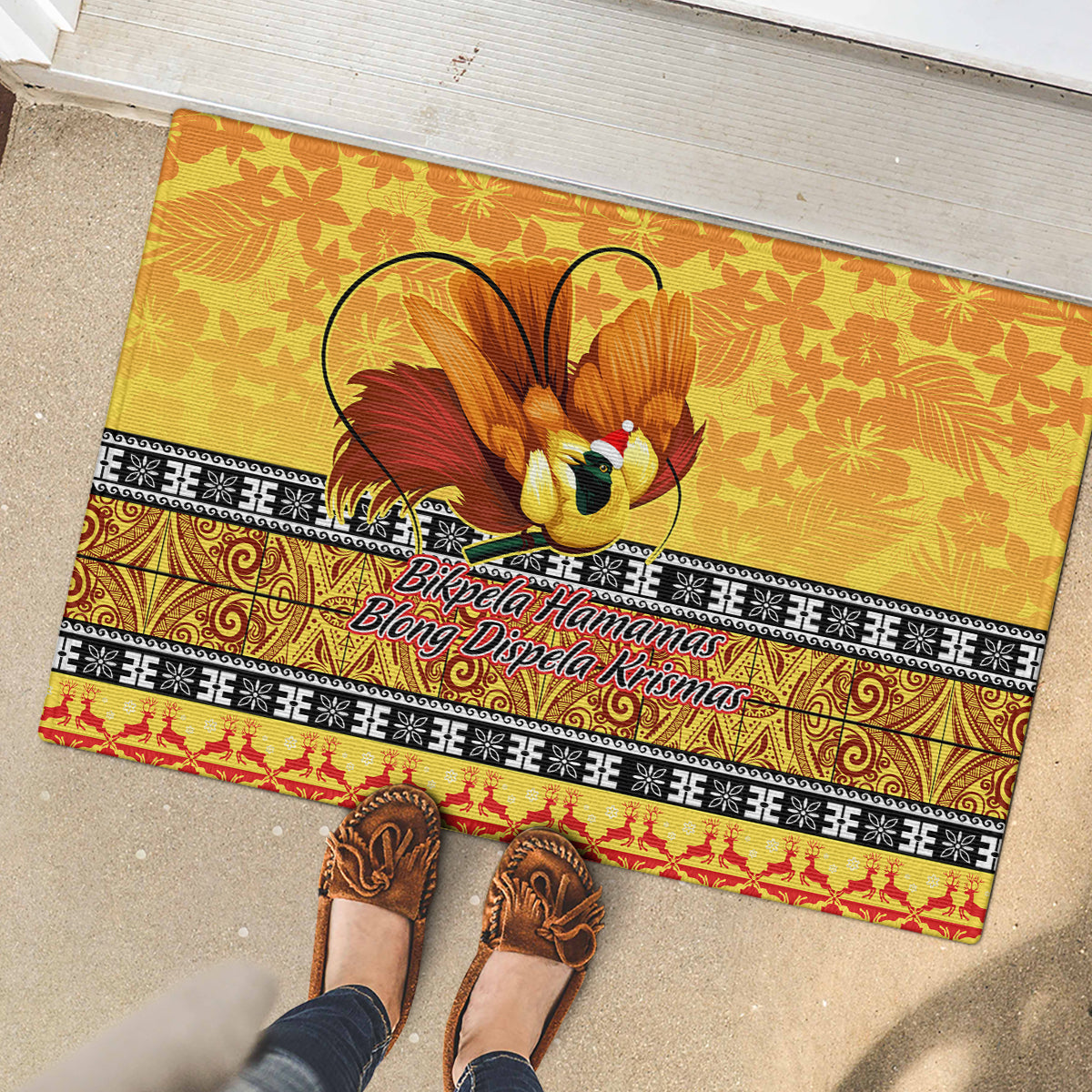 PNG Hamamas Krismas Rubber Doormat Papua New Guinea Bird Of Paradise Merry Christmas Gold Style - Wonder Print Shop