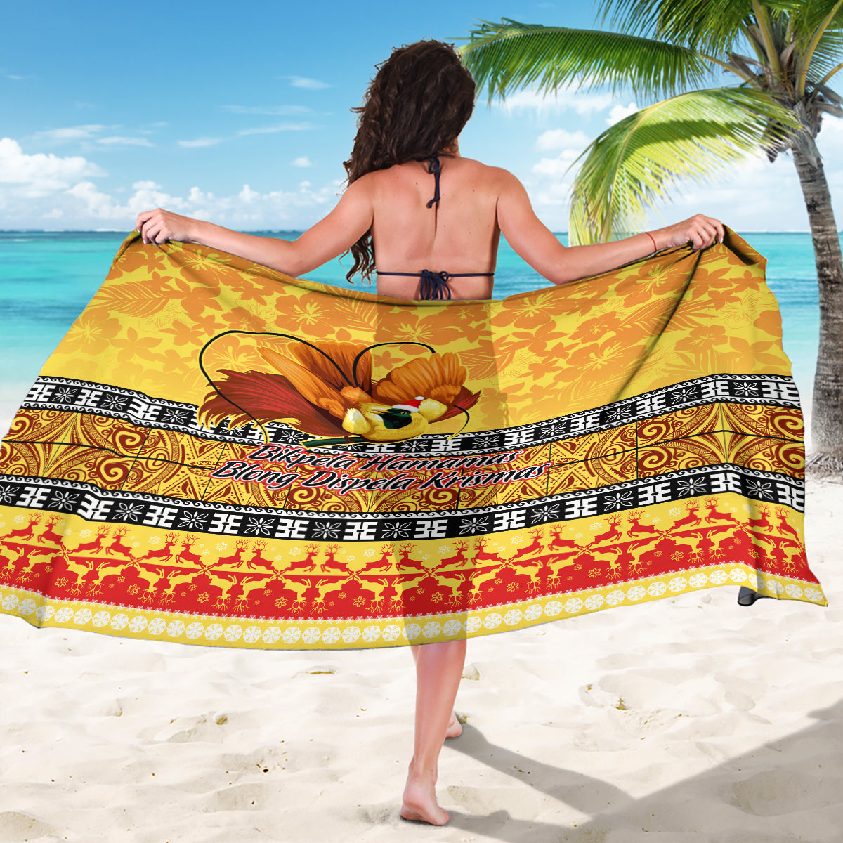 PNG Hamamas Krismas Sarong Papua New Guinea Bird Of Paradise Merry Christmas Gold Style - Wonder Print Shop