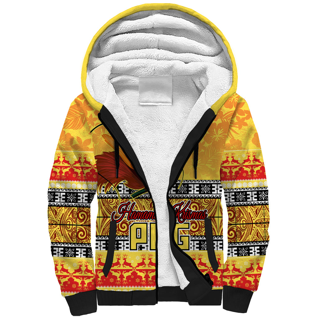 PNG Hamamas Krismas Sherpa Hoodie Papua New Guinea Bird Of Paradise Merry Christmas Gold Style - Wonder Print Shop