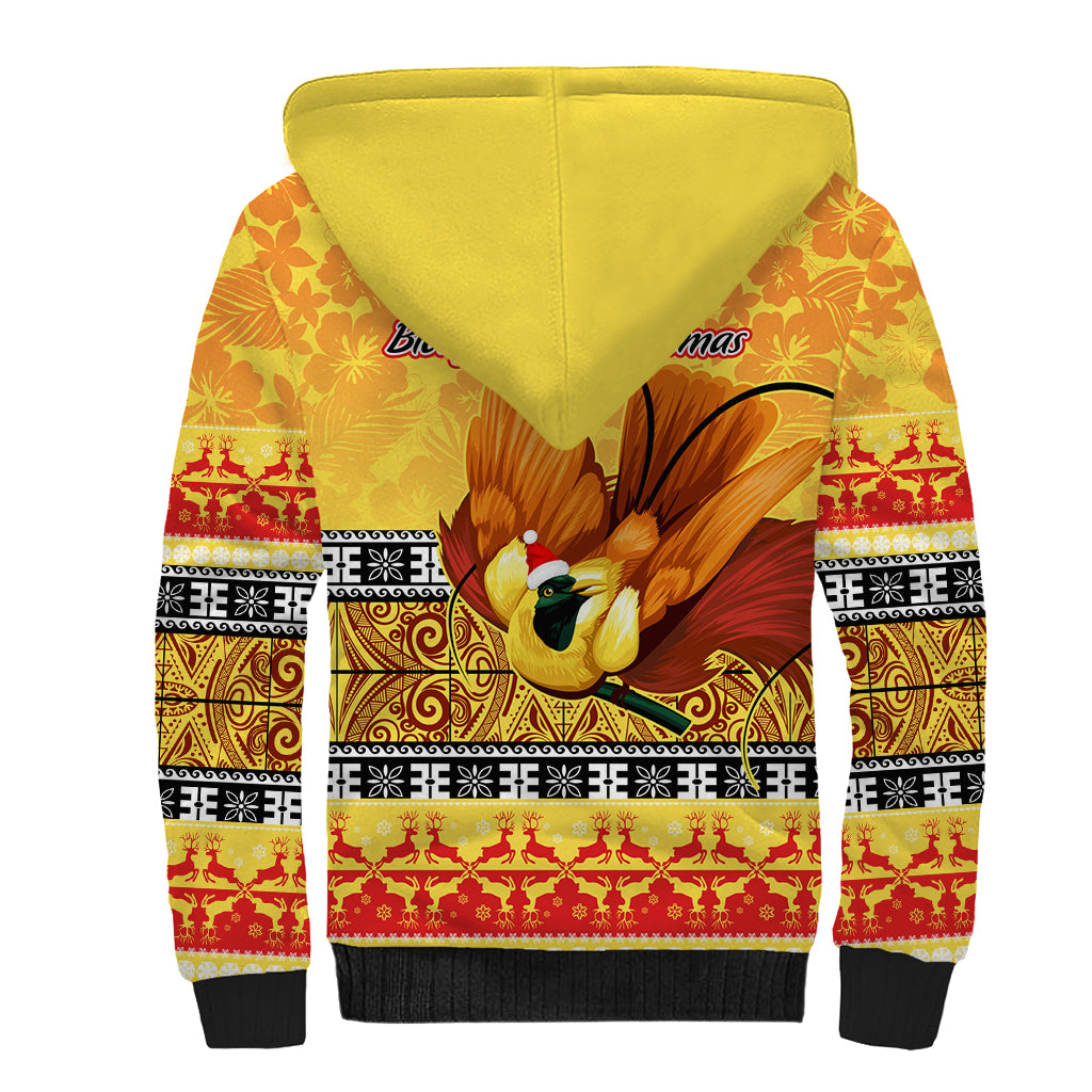 PNG Hamamas Krismas Sherpa Hoodie Papua New Guinea Bird Of Paradise Merry Christmas Gold Style - Wonder Print Shop
