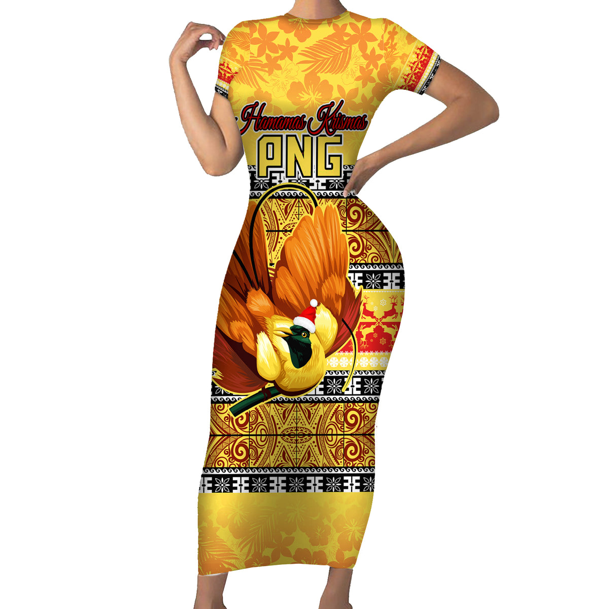 PNG Hamamas Krismas Short Sleeve Bodycon Dress Papua New Guinea Bird Of Paradise Merry Christmas Gold Style - Wonder Print Shop
