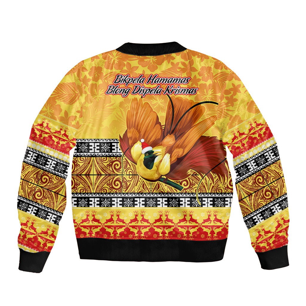 PNG Hamamas Krismas Sleeve Zip Bomber Jacket Papua New Guinea Bird Of Paradise Merry Christmas Gold Style - Wonder Print Shop