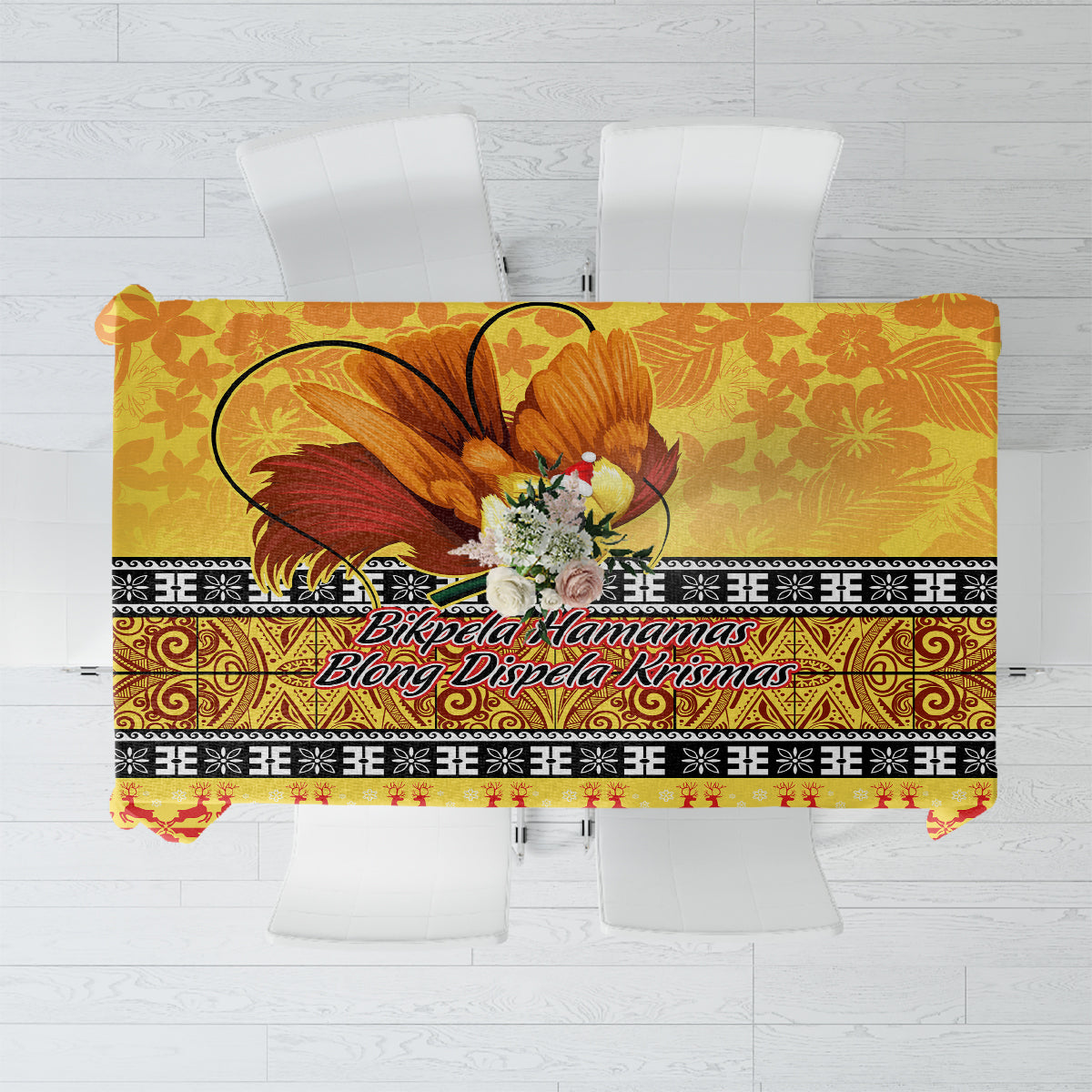 PNG Hamamas Krismas Tablecloth Papua New Guinea Bird Of Paradise Merry Christmas Gold Style - Wonder Print Shop