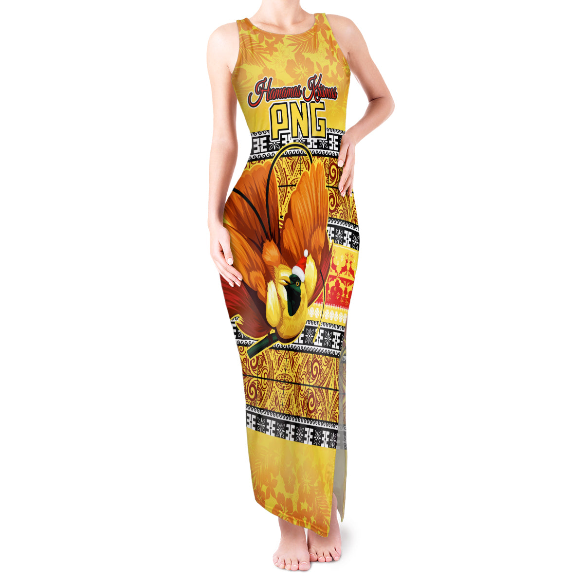PNG Hamamas Krismas Tank Maxi Dress Papua New Guinea Bird Of Paradise Merry Christmas Gold Style - Wonder Print Shop