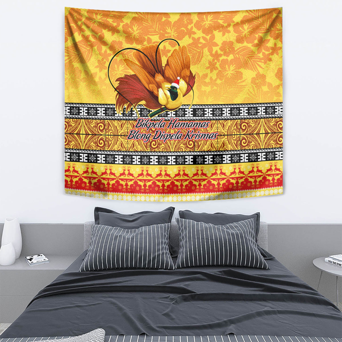 PNG Hamamas Krismas Tapestry Papua New Guinea Bird Of Paradise Merry Christmas Gold Style - Wonder Print Shop