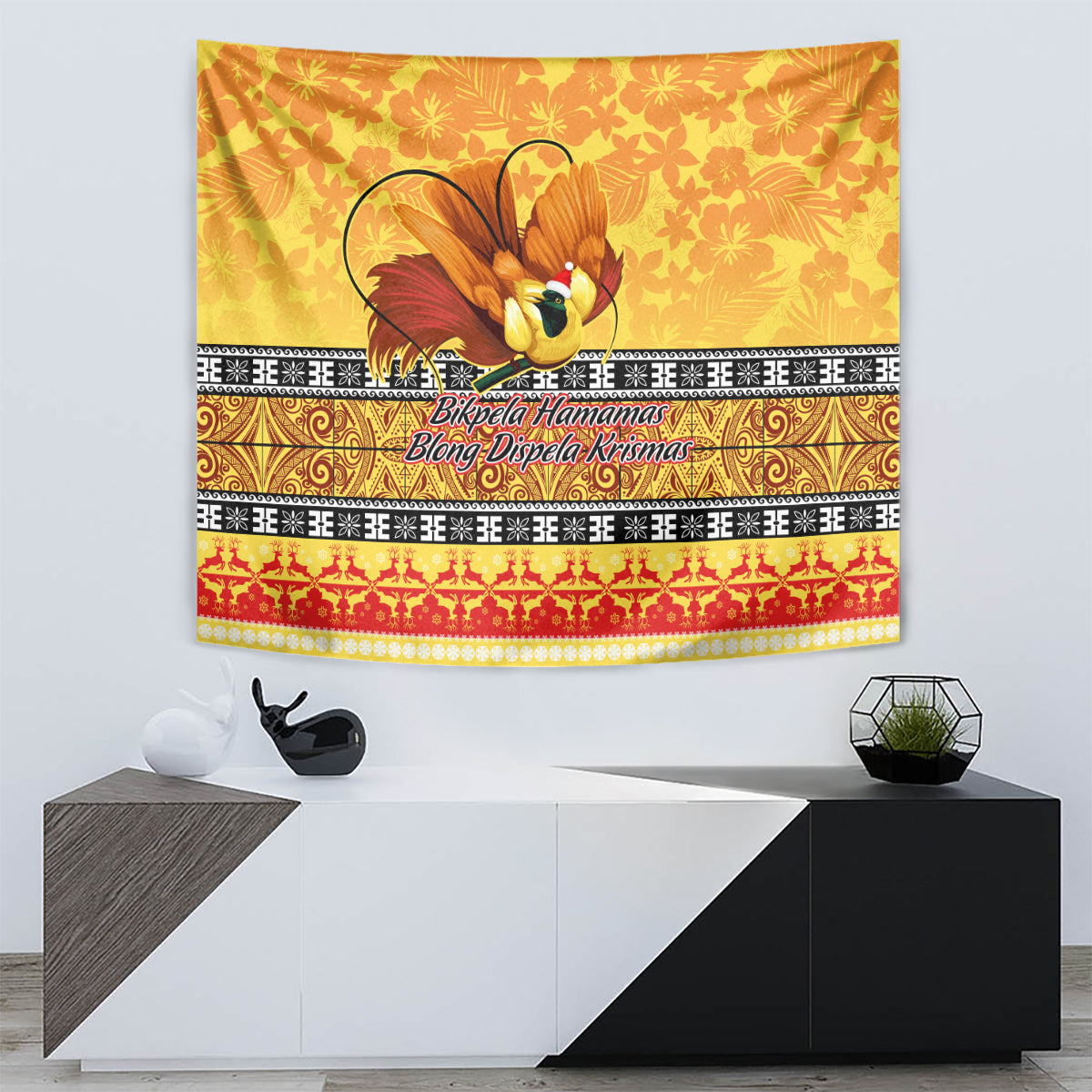 PNG Hamamas Krismas Tapestry Papua New Guinea Bird Of Paradise Merry Christmas Gold Style - Wonder Print Shop