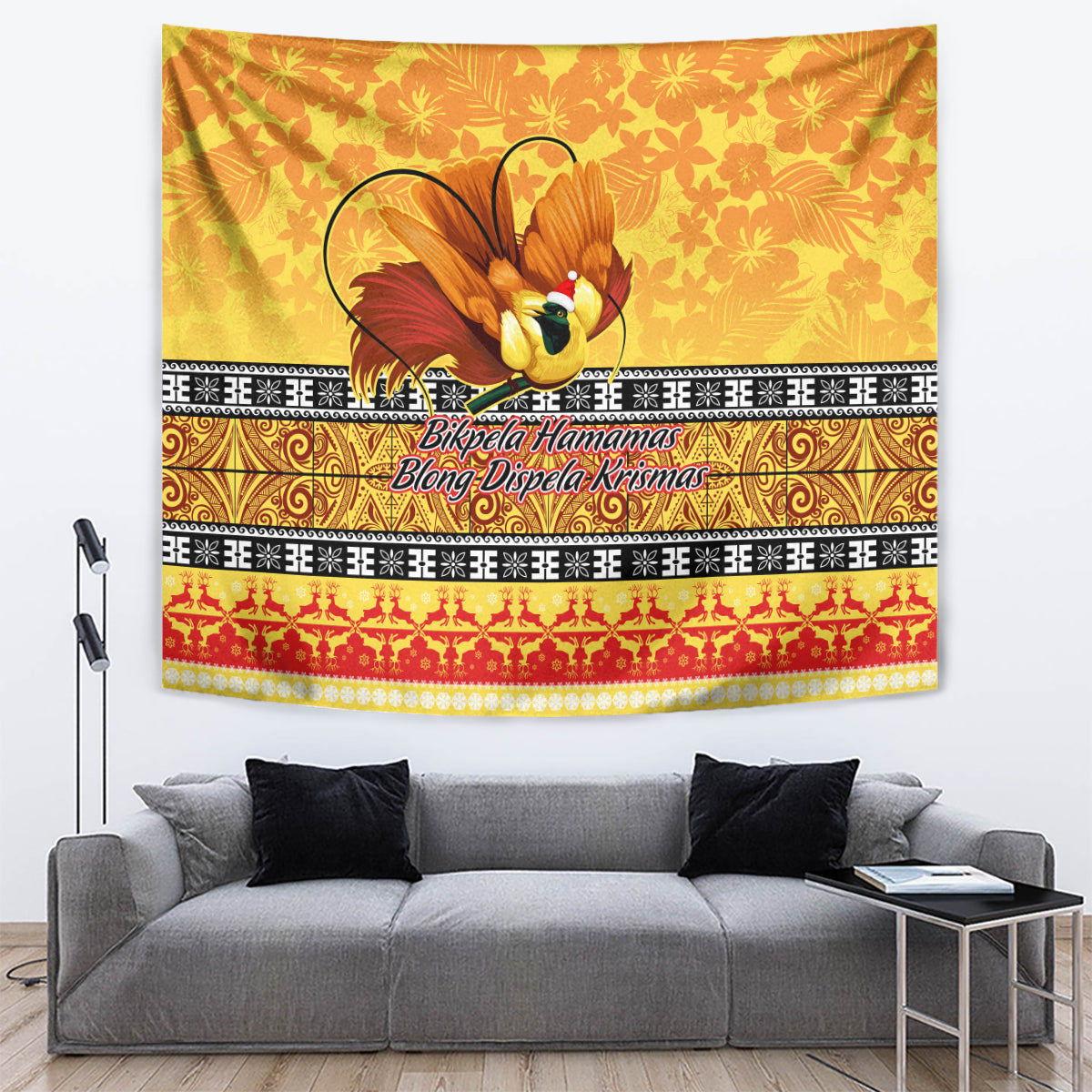 PNG Hamamas Krismas Tapestry Papua New Guinea Bird Of Paradise Merry Christmas Gold Style - Wonder Print Shop