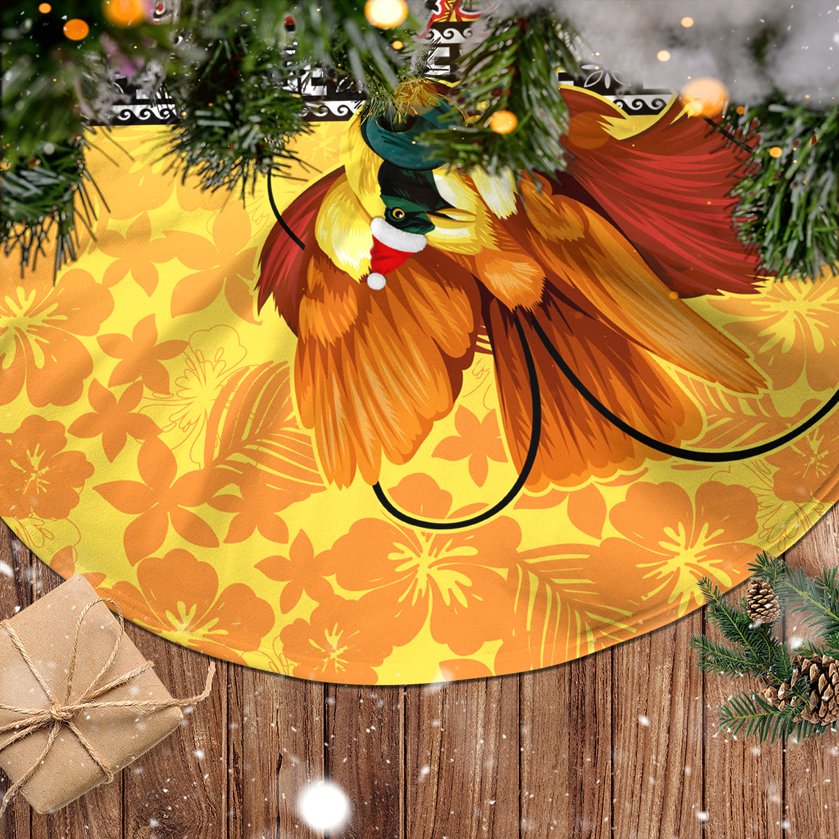 PNG Hamamas Krismas Tree Skirt Papua New Guinea Bird Of Paradise Merry Christmas Gold Style - Wonder Print Shop