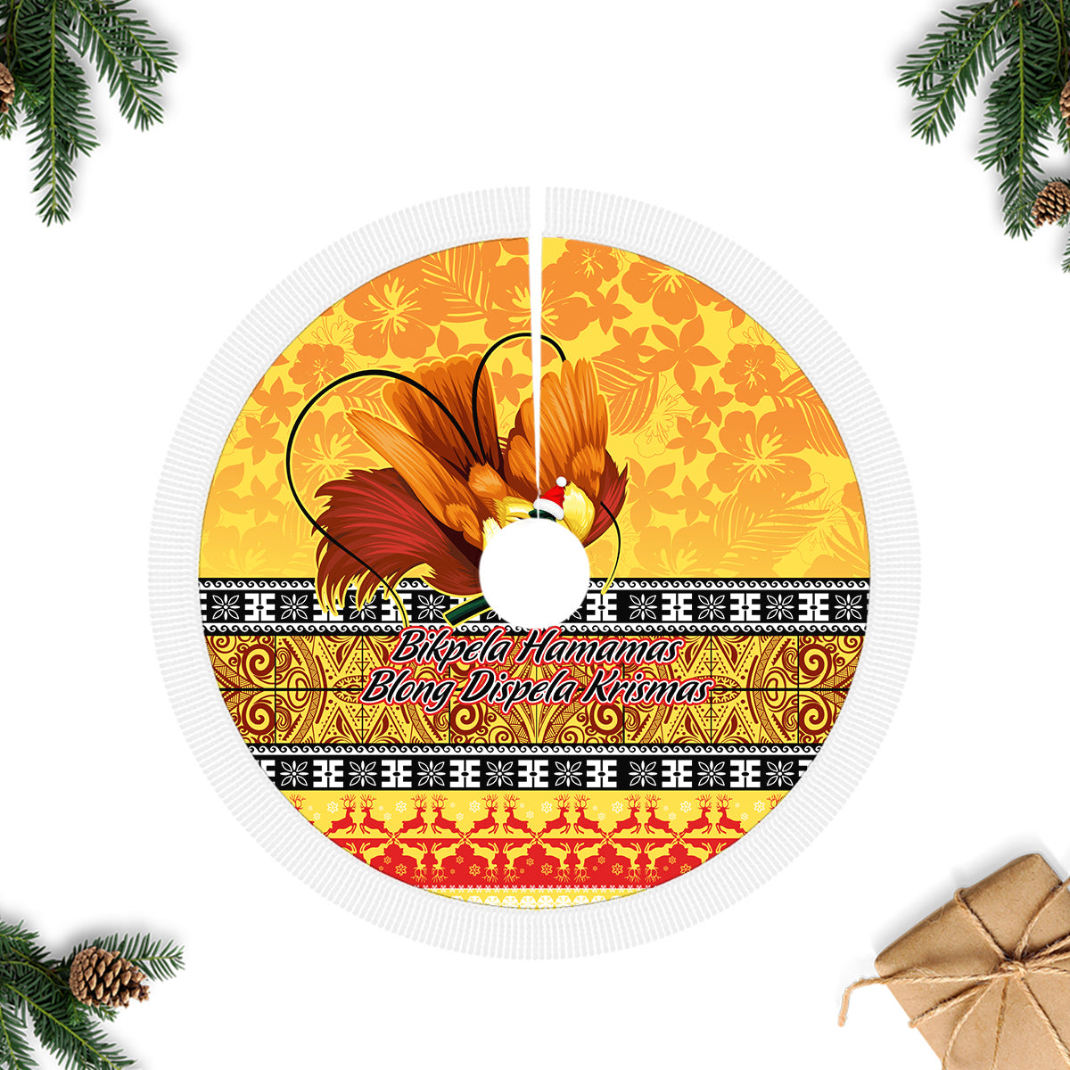 PNG Hamamas Krismas Tree Skirt Papua New Guinea Bird Of Paradise Merry Christmas Gold Style - Wonder Print Shop