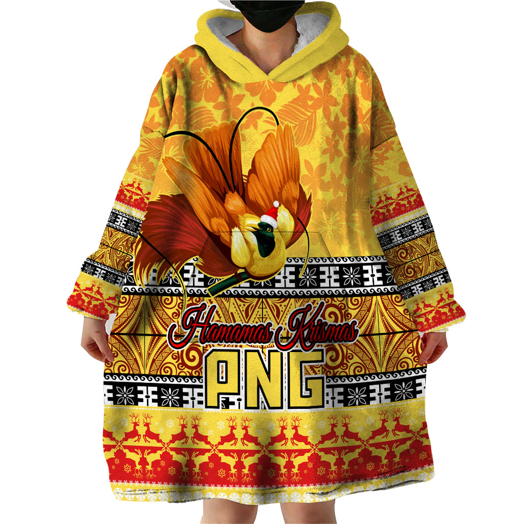 PNG Hamamas Krismas Wearable Blanket Hoodie Papua New Guinea Bird Of Paradise Merry Christmas Gold Style - Wonder Print Shop