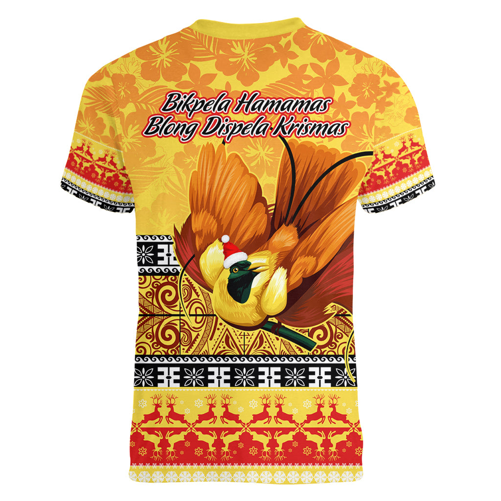 PNG Hamamas Krismas Women V Neck T Shirt Papua New Guinea Bird Of Paradise Merry Christmas Gold Style - Wonder Print Shop