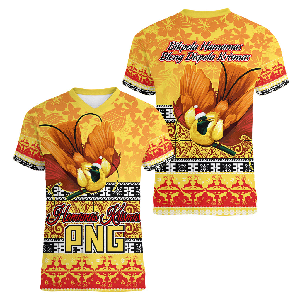PNG Hamamas Krismas Women V Neck T Shirt Papua New Guinea Bird Of Paradise Merry Christmas Gold Style - Wonder Print Shop