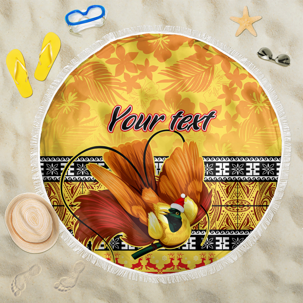 Personalised PNG Hamamas Krismas Beach Blanket Papua New Guinea Bird Of Paradise Merry Christmas Gold Style LT9 - Wonder Print Shop