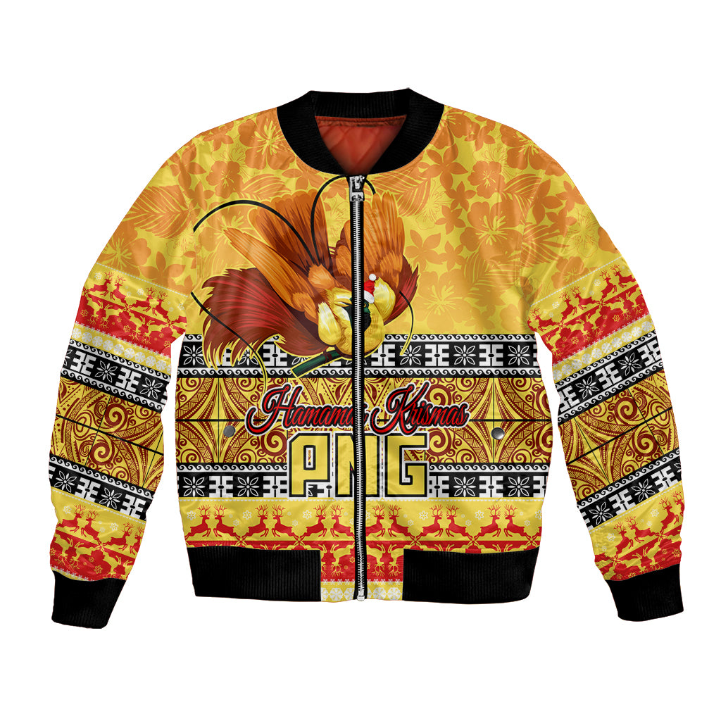 Personalised PNG Hamamas Krismas Bomber Jacket Papua New Guinea Bird Of Paradise Merry Christmas Gold Style LT9 - Wonder Print Shop