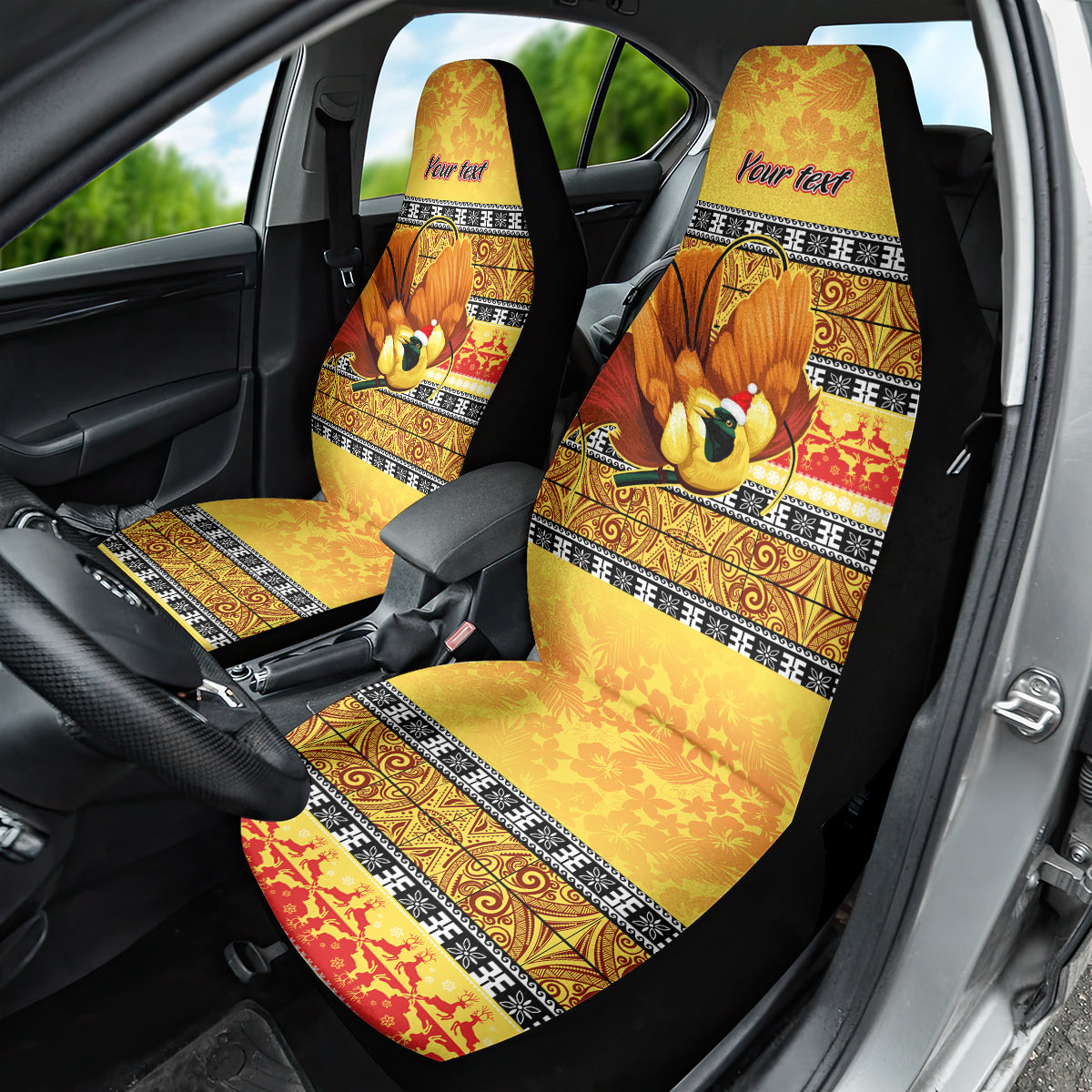 Personalised PNG Hamamas Krismas Car Seat Cover Papua New Guinea Bird Of Paradise Merry Christmas Gold Style LT9 - Wonder Print Shop