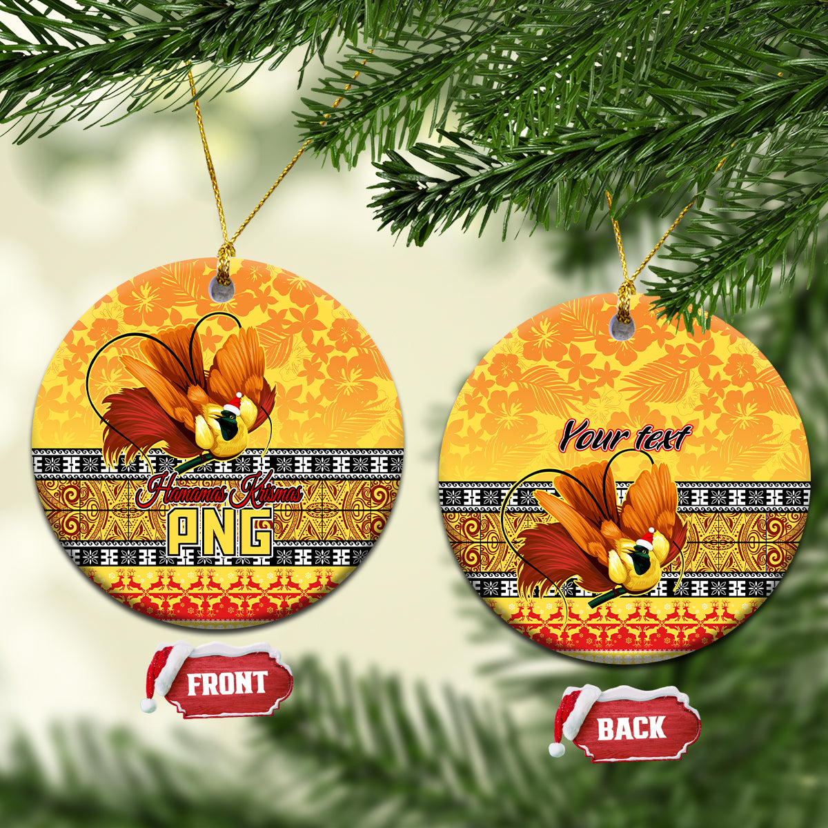 Personalised PNG Hamamas Krismas Ceramic Ornament Papua New Guinea Bird Of Paradise Merry Christmas Gold Style LT9 - Wonder Print Shop