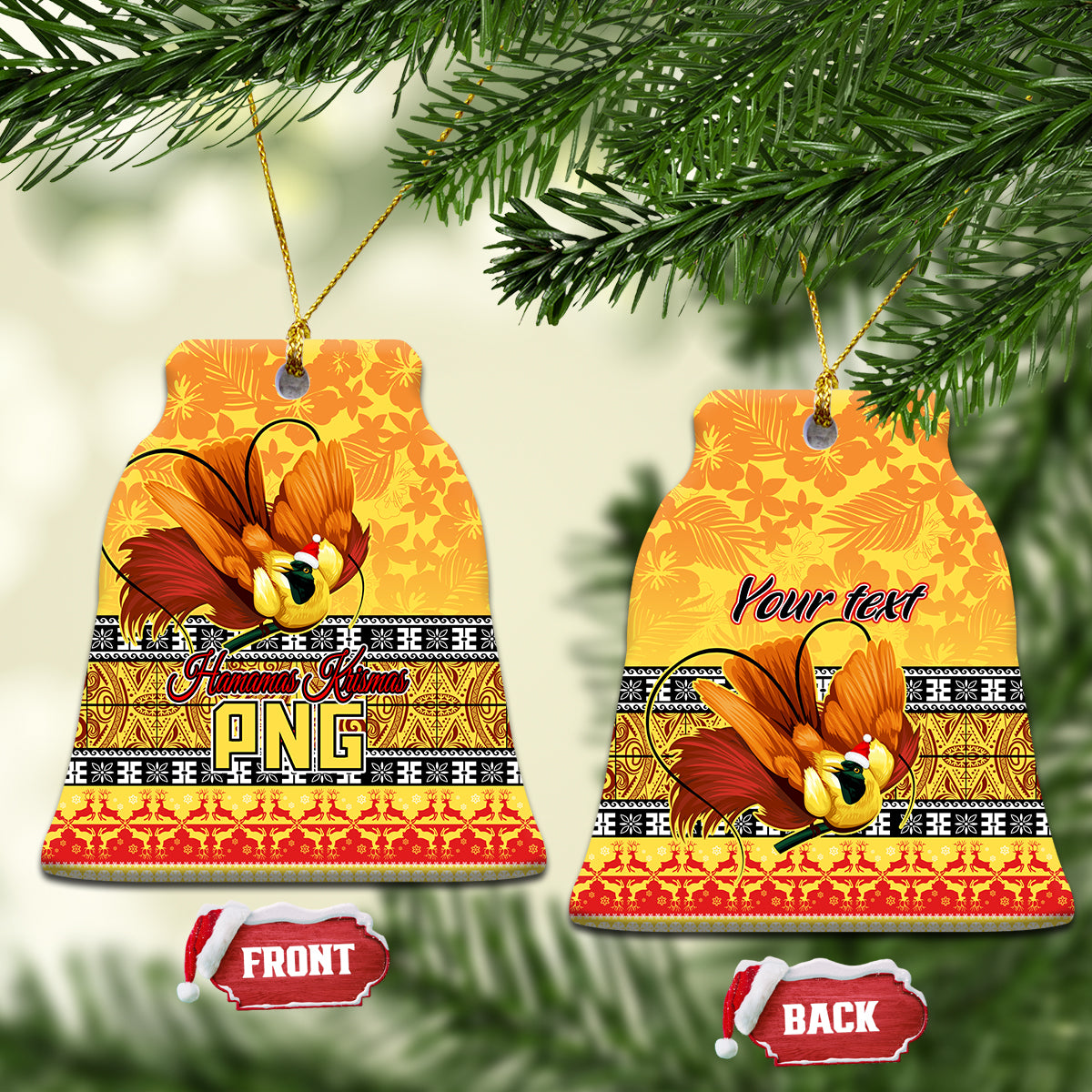 Personalised PNG Hamamas Krismas Ceramic Ornament Papua New Guinea Bird Of Paradise Merry Christmas Gold Style LT9 - Wonder Print Shop