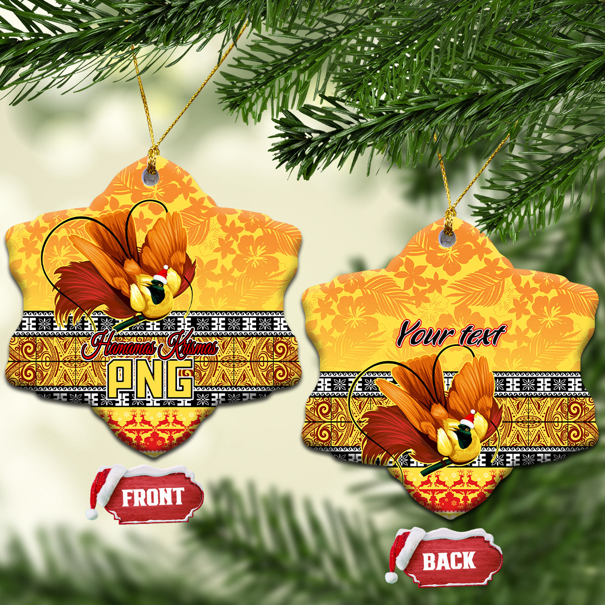 Personalised PNG Hamamas Krismas Ceramic Ornament Papua New Guinea Bird Of Paradise Merry Christmas Gold Style LT9 - Wonder Print Shop