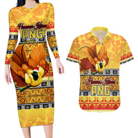 Personalised PNG Hamamas Krismas Couples Matching Long Sleeve Bodycon Dress and Hawaiian Shirt Papua New Guinea Bird Of Paradise Merry Christmas Gold Style LT9 - Wonder Print Shop