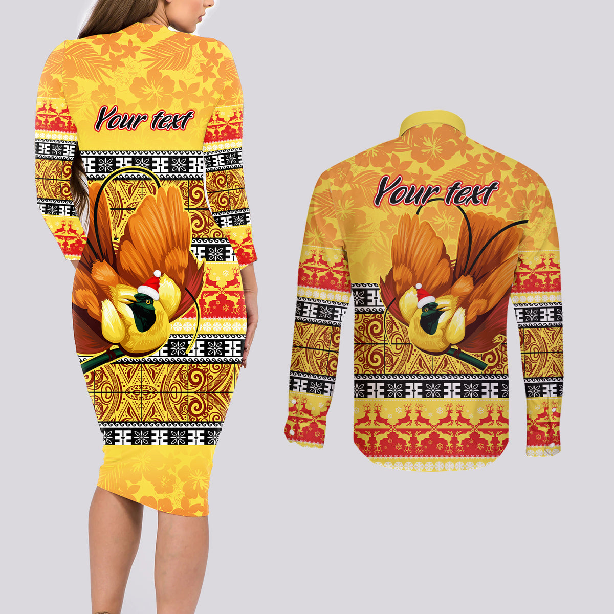 Personalised PNG Hamamas Krismas Couples Matching Long Sleeve Bodycon Dress and Long Sleeve Button Shirt Papua New Guinea Bird Of Paradise Merry Christmas Gold Style LT9 - Wonder Print Shop