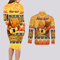 Personalised PNG Hamamas Krismas Couples Matching Long Sleeve Bodycon Dress and Long Sleeve Button Shirt Papua New Guinea Bird Of Paradise Merry Christmas Gold Style LT9 - Wonder Print Shop