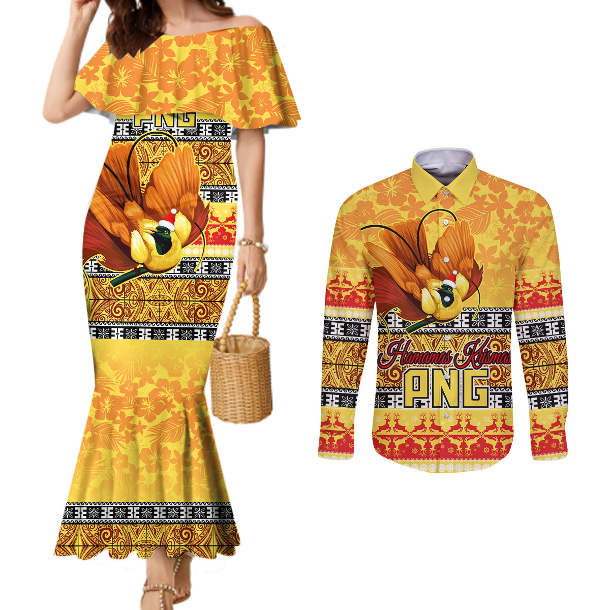 personalised-png-hamamas-krismas-couples-matching-mermaid-dress-and-long-sleeve-button-shirt-papua-new-guinea-bird-of-paradise-merry-christmas-gold-style