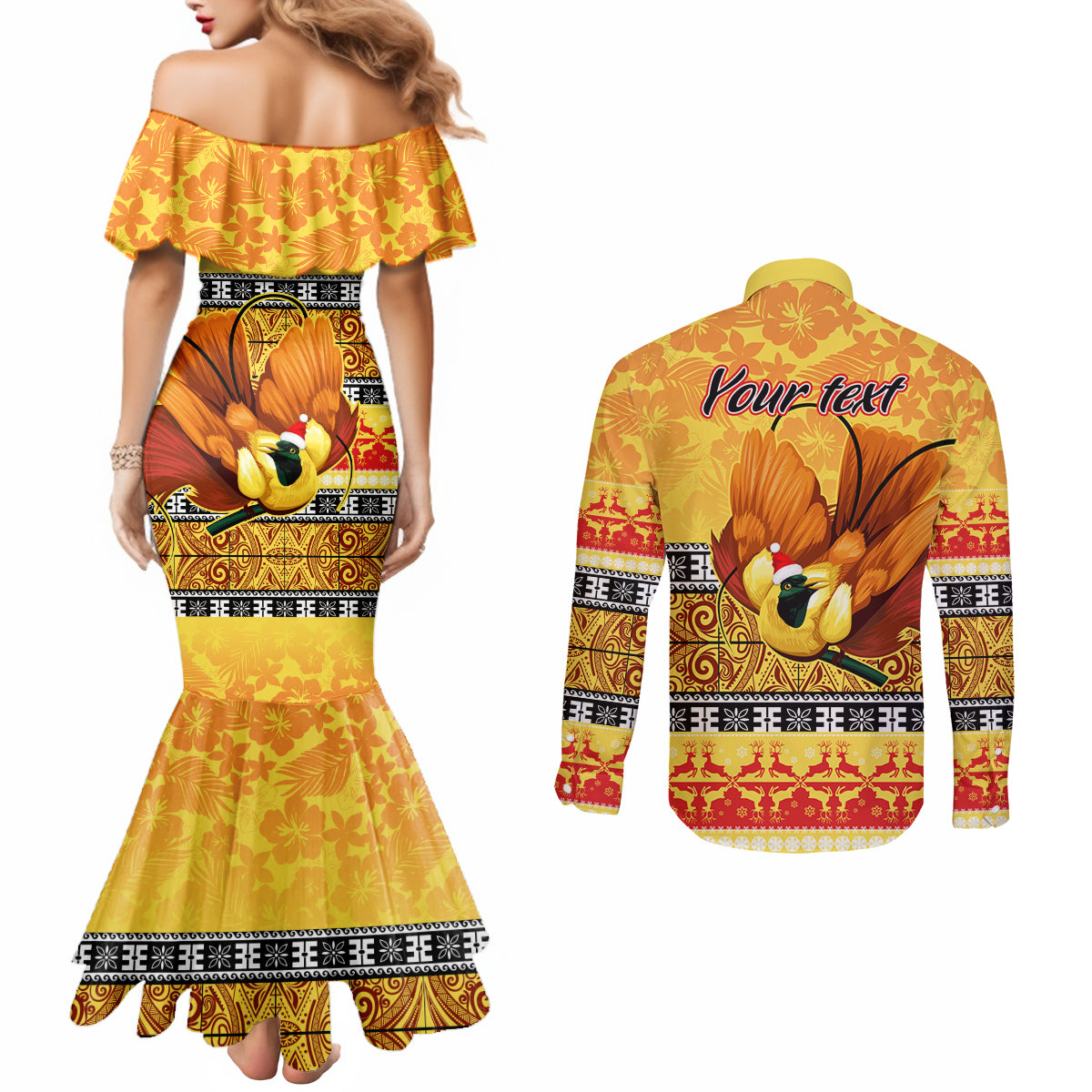 personalised-png-hamamas-krismas-couples-matching-mermaid-dress-and-long-sleeve-button-shirt-papua-new-guinea-bird-of-paradise-merry-christmas-gold-style