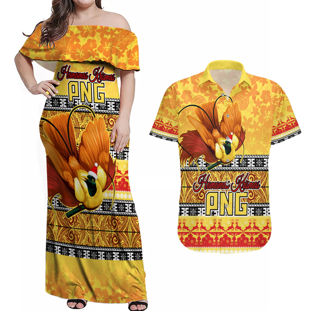 Personalised PNG Hamamas Krismas Couples Matching Off Shoulder Maxi Dress and Hawaiian Shirt Papua New Guinea Bird Of Paradise Merry Christmas Gold Style LT9 - Wonder Print Shop