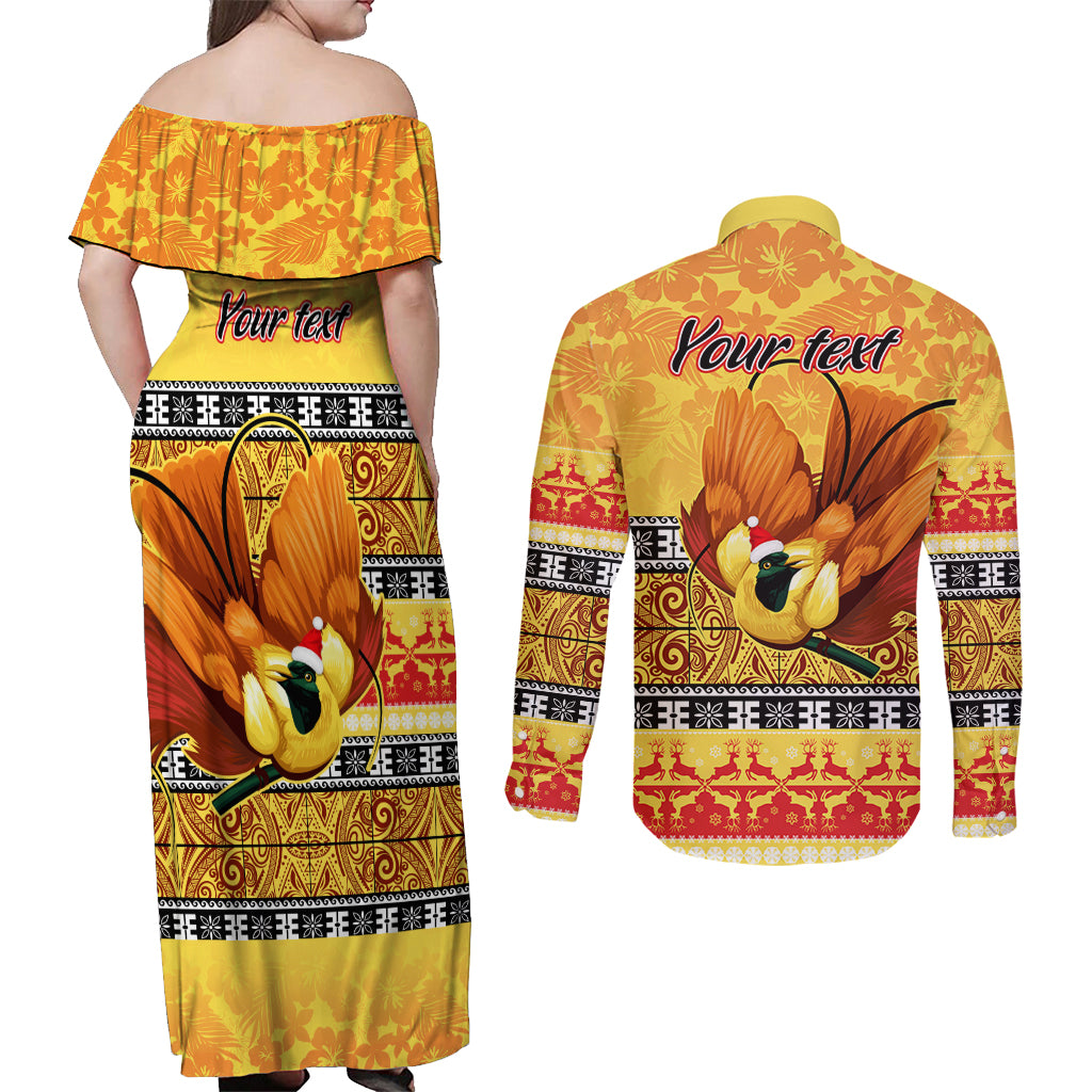 Personalised PNG Hamamas Krismas Couples Matching Off Shoulder Maxi Dress and Long Sleeve Button Shirt Papua New Guinea Bird Of Paradise Merry Christmas Gold Style LT9 - Wonder Print Shop