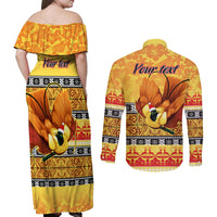 Personalised PNG Hamamas Krismas Couples Matching Off Shoulder Maxi Dress and Long Sleeve Button Shirt Papua New Guinea Bird Of Paradise Merry Christmas Gold Style LT9 - Wonder Print Shop