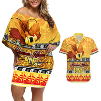 Personalised PNG Hamamas Krismas Couples Matching Off Shoulder Short Dress and Hawaiian Shirt Papua New Guinea Bird Of Paradise Merry Christmas Gold Style LT9 - Wonder Print Shop