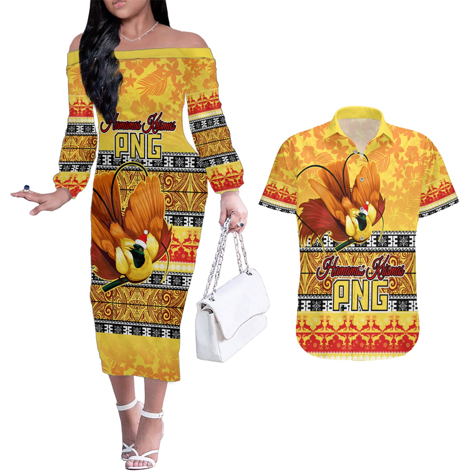 Personalised PNG Hamamas Krismas Couples Matching Off The Shoulder Long Sleeve Dress and Hawaiian Shirt Papua New Guinea Bird Of Paradise Merry Christmas Gold Style LT9 - Wonder Print Shop
